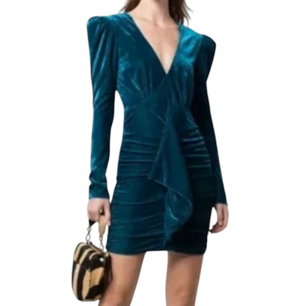 PatBo Velvet Ruched Mini Dress Azure Teal Long Sleeve Ruffle Wrap Style Size 8